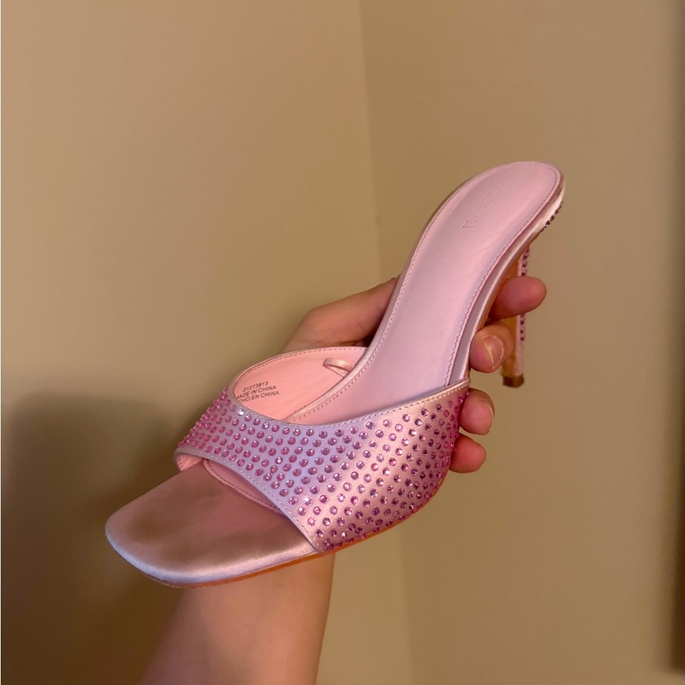 Pink Rhinestone Satin Open-Toe Mule Heel - Women's 9